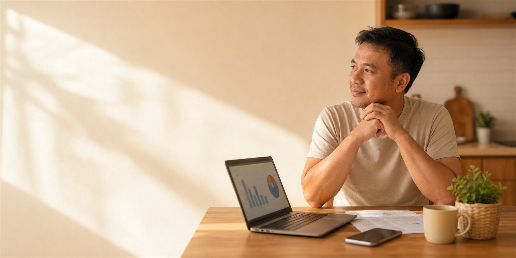 A Malaysian homeowner reviewing an electricity bill at the kitchen table