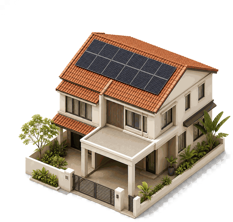 Isometric illustration of a Malaysian house with rooftop solar