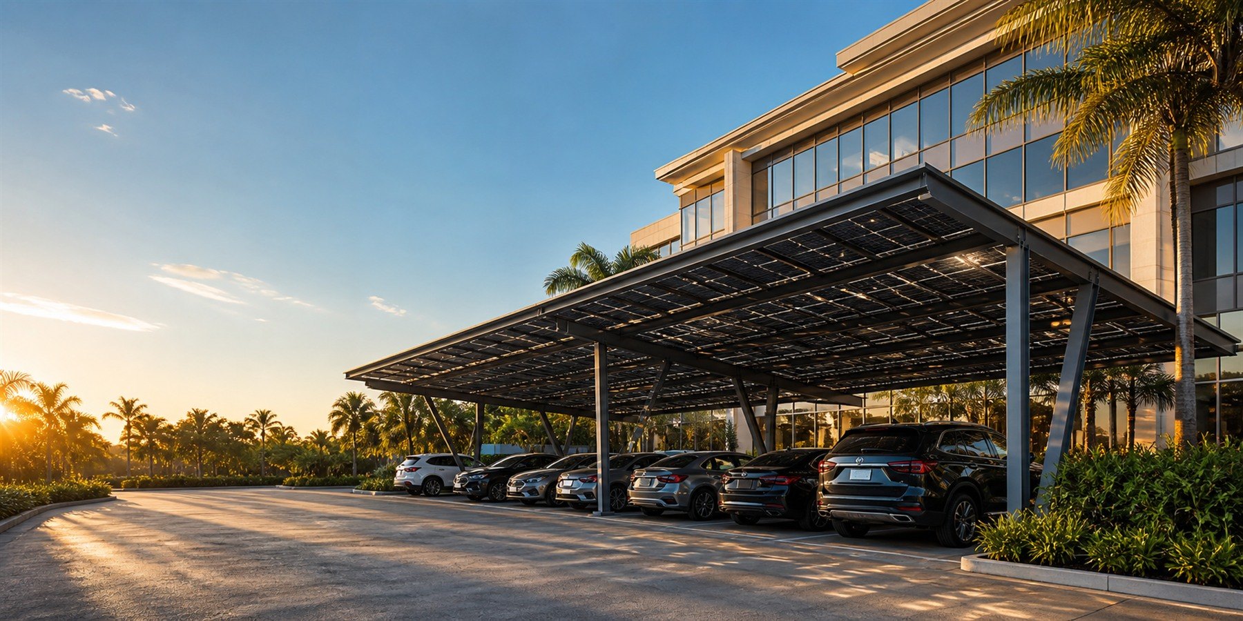 A solar carport over a commercial car park in Malaysia at golden hour