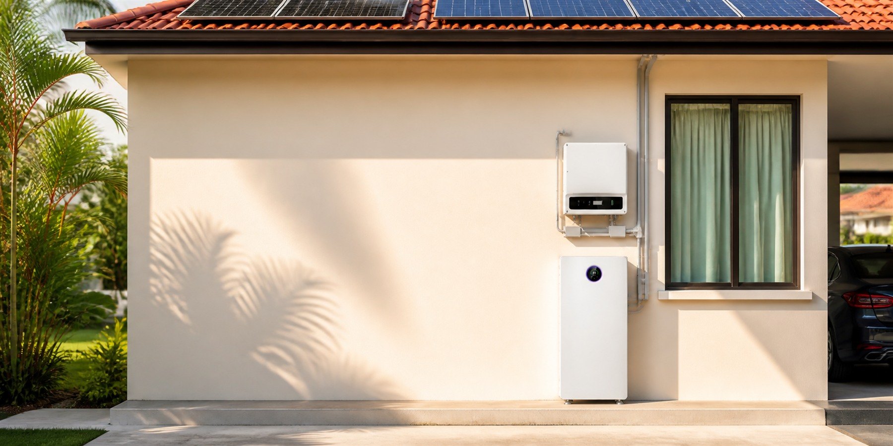 A GoodWe hybrid inverter and Lynx home battery installed on the side wall of a Malaysian house